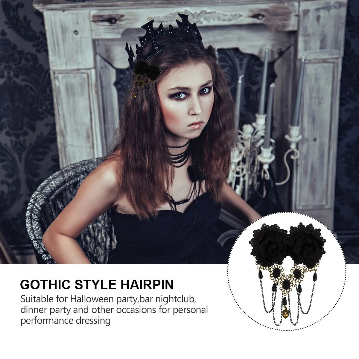 

Halloween Party Hair Clip Gothic Lace Design Black Elegant Durable Lightweight Photo Prop Hairpin for Women Nightclub Dance
