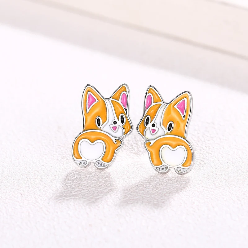 Huitan Cute Corgi Design Stud Earrings for Girls Funny Small Yellow Dog Enamel Earrings Dance Party Daily Wear Statement Jewelry