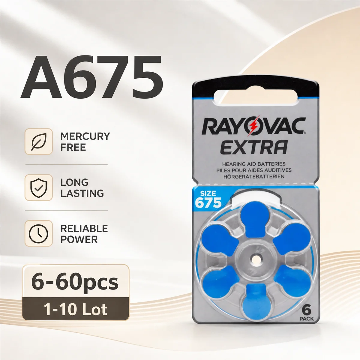 Mercury Free Hearing Aid Battery Size 675 A675 PR44 Button Cell 6-60PCS Replacement for Sound Amplifier Accessories