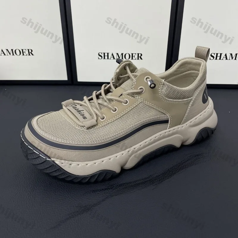 Men's Casual Shoes 2025 Summer New Mesh Breathable Slip on Vintage Comfortable Sneakers Fashion Cross Tied Height Increase Flats