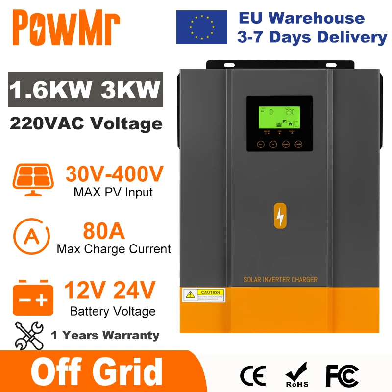 PowMr 1600W 3000W onduleur solaire hybride 12V 24V 220V onduleur à onde sinusoïdale Pure 1.6KW 3KW avec contrôleur de chargeur solaire MPPT 80A