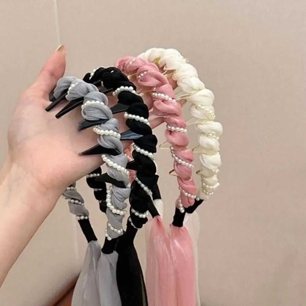 U Shape Satin Fabric Hair Bands Tooth Comb Adjustable Non Slip Pearl Hair Band High Top Headpiece Fabric Ribbon Hair Hoop