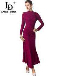 LD LINDA DELLA Autumn and Winter Women's Pencil Dress Long-Sleeved Pretty Slim-Fit Hip Wrap Evening Prom Purple red Dresses