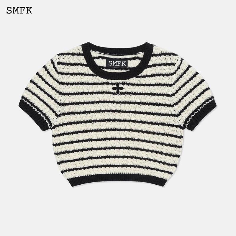 SMFK Knitted Short T-shirt Women Sweaters Contrast Stripe Short Sleeve Spring Female Casual Crop Top Short Sleeve Knit Tops