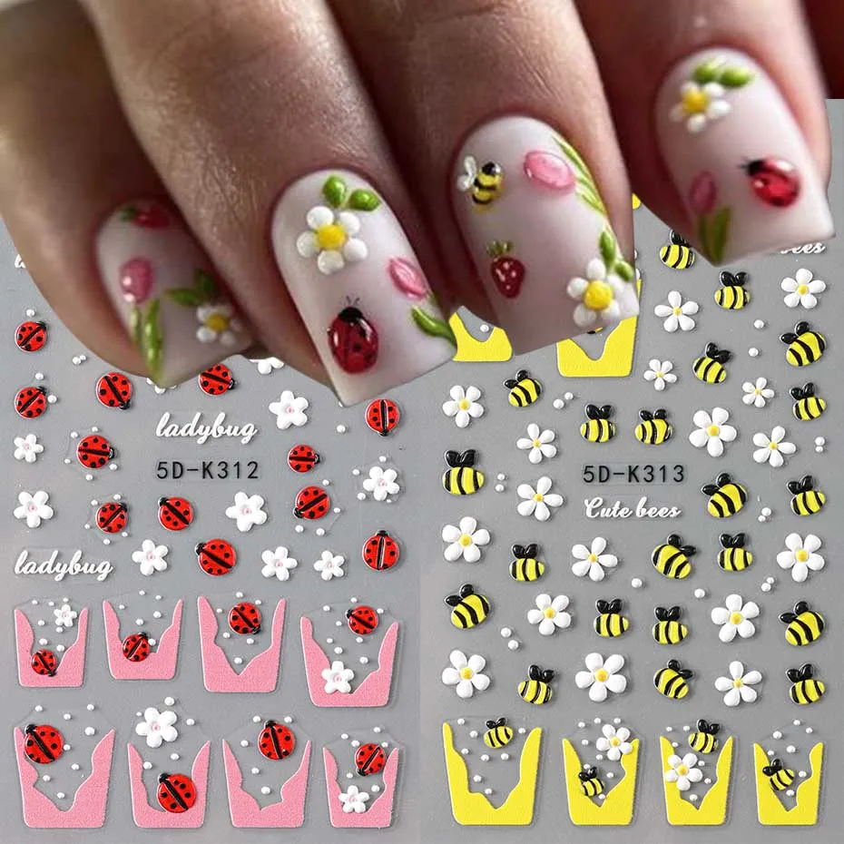 Cartoon Bee Daisy Nail Art Stickers Decals White Daisy Floral Cute Bee Self Adhesive Slider DIY Engraving Nail Art Decoration