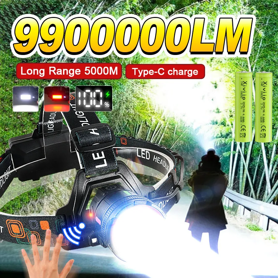 

880000000LM 500W Powerful LED Headlamp Super Bright Long Range 5000M Head Flashlight Rechargeable Head Lantern Fishing Hunting