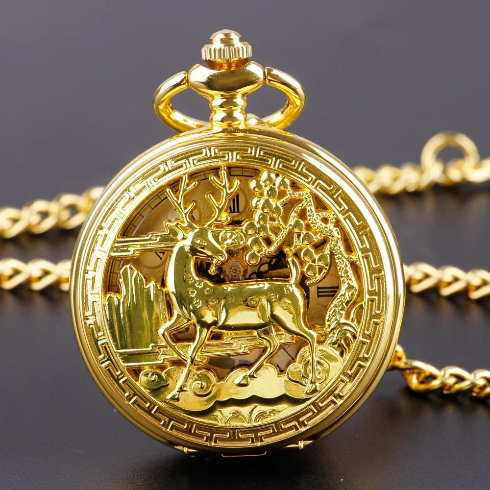 

Golden Hollow Deer Pattern Mechanical Pocket Watch Vintage Double Side Steampunk Fob Clock Male Necklace Watch Women Men