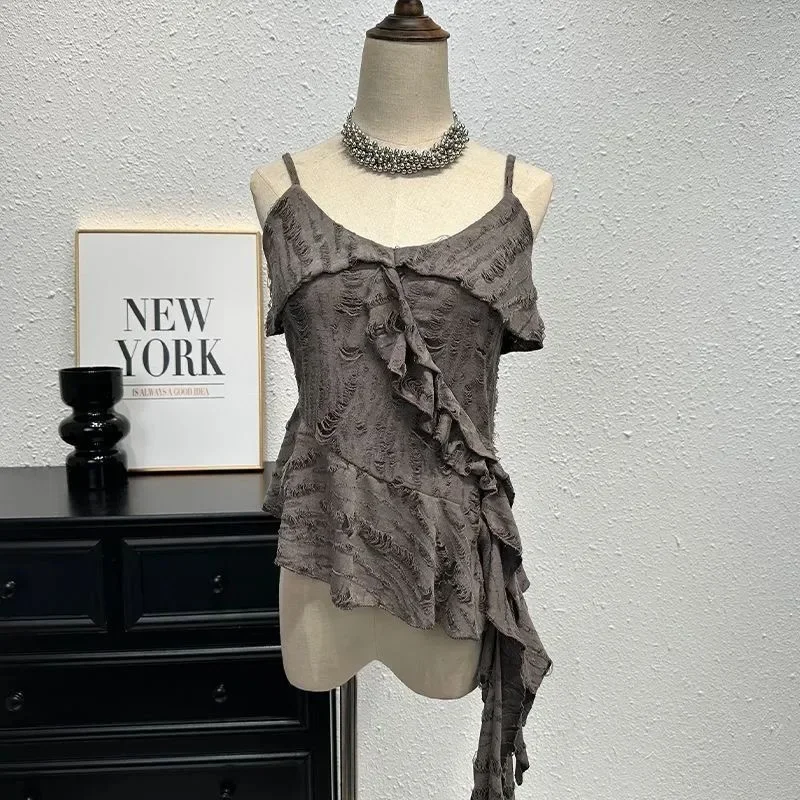 Mujeres Y2K Vintage coreano Casual Acubi Patchwork Irregular Gyaru con volantes camisetas sin mangas camisetas Gyaru Tops 2000s Alt ropa