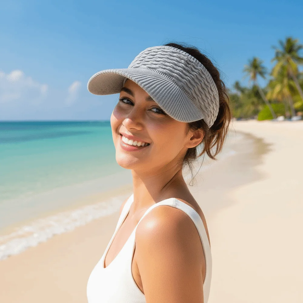 Portable Fish Scale Knitted Visor Cap Solid Color Breathable Long Brim Sun Cap Lightweight Polyester Sunscreen Empty Top Hat