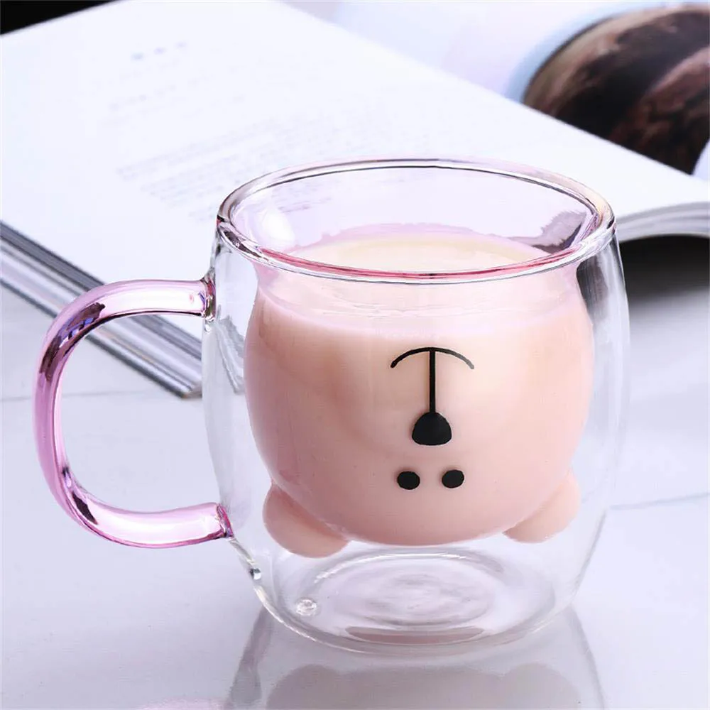 

3D Bear Creative Transparent Heat-resistant Double Glass Cup Coffee Mug Milk Juice Teacup with Handle Christmas Kids Gift