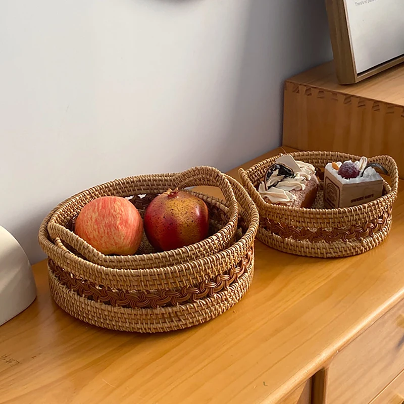 Handmade Real Rattan Round Fruit Basket, Snack Bread Basket Tray, Living Room Snacks Sundries Storage Basket