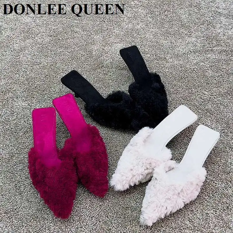 Fashion Women Fur Slides Slippers Pointed Toe Shallow Slip On Plush Shoes Med Heels Mule Black Rose Pink Pumps Party Dress Mujer