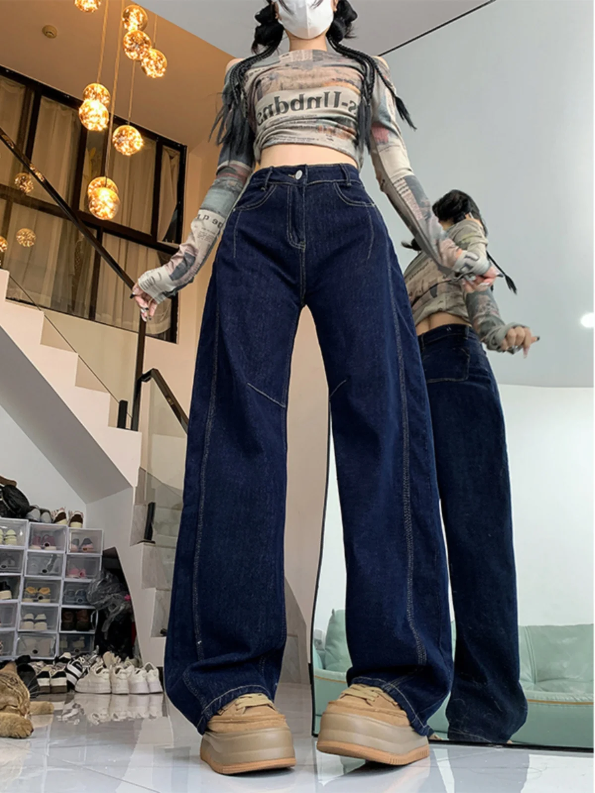 プラスサイズ カジュアル ハイウエスト ワイドレッグジーンズ レディース ブーツカットデザイン ゆったり ルーズフィット デニムパンツ 秋新作 スタイル アメリカンスタイル