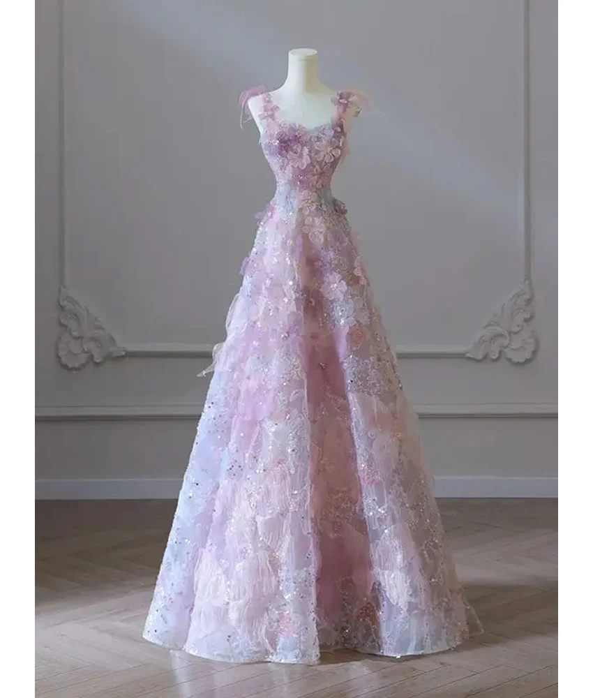 

Customized Exquisite Organza A-Line Sequined Pearls Appliques 3D Flowers Evening Dress High Quality Sleeveless prom dresses