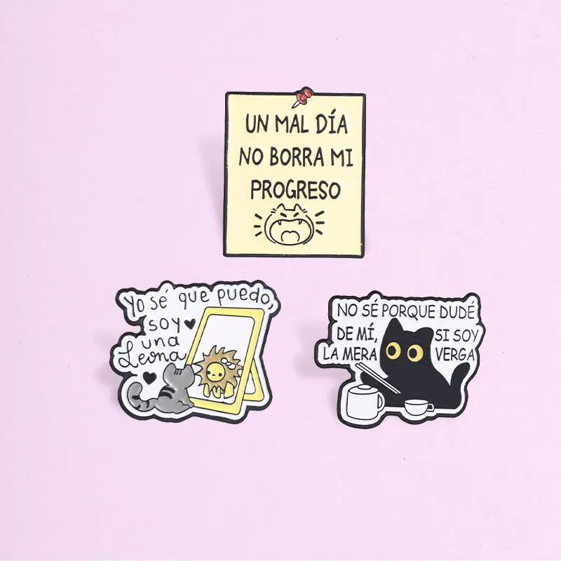Cute Cartoon Creative Spanish Text Brooch Funny Little Black Cat Inspirational Quotes Alloy Badges Decorative Pins DIY Clothing