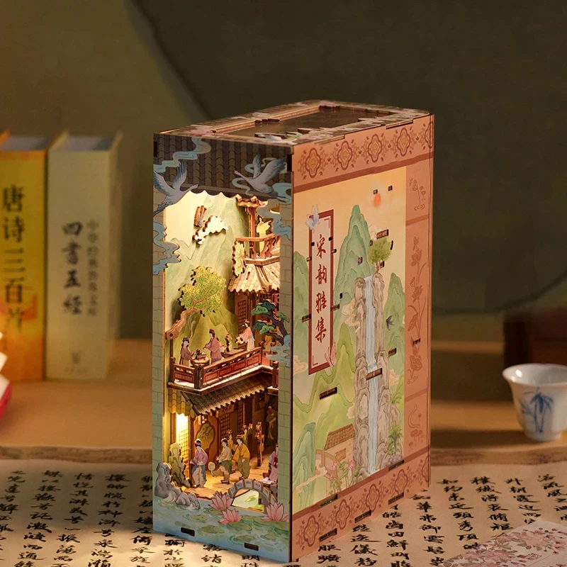 

OUZEY Wooden Song Dynasty Charm Book Nook DIY Shelf Insert Kit Miniature Model Bookshelf Decoration Friends Gifts