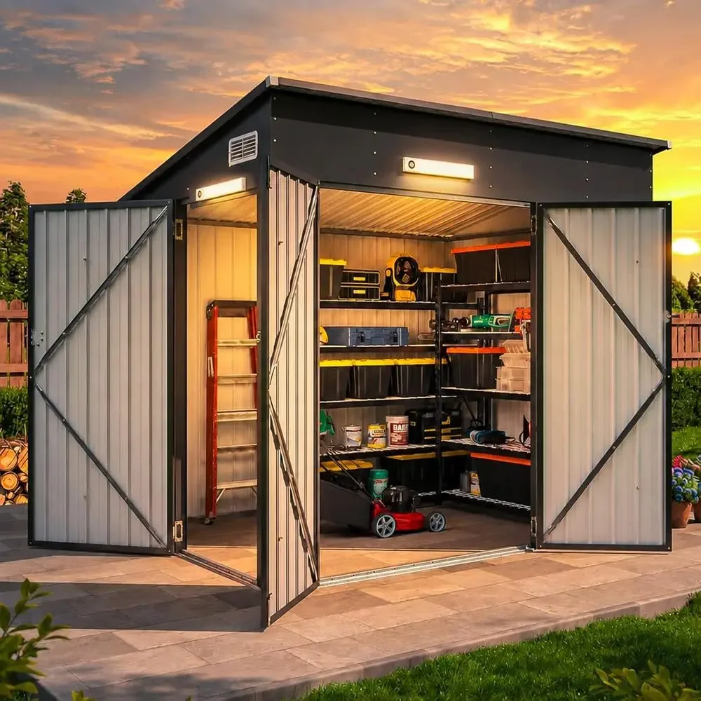 Triple Door Outdoor Storage Shed with Magnetic Sensor Light, Ideal for Tools, Bicycles, and Garden Equipment (Black)
