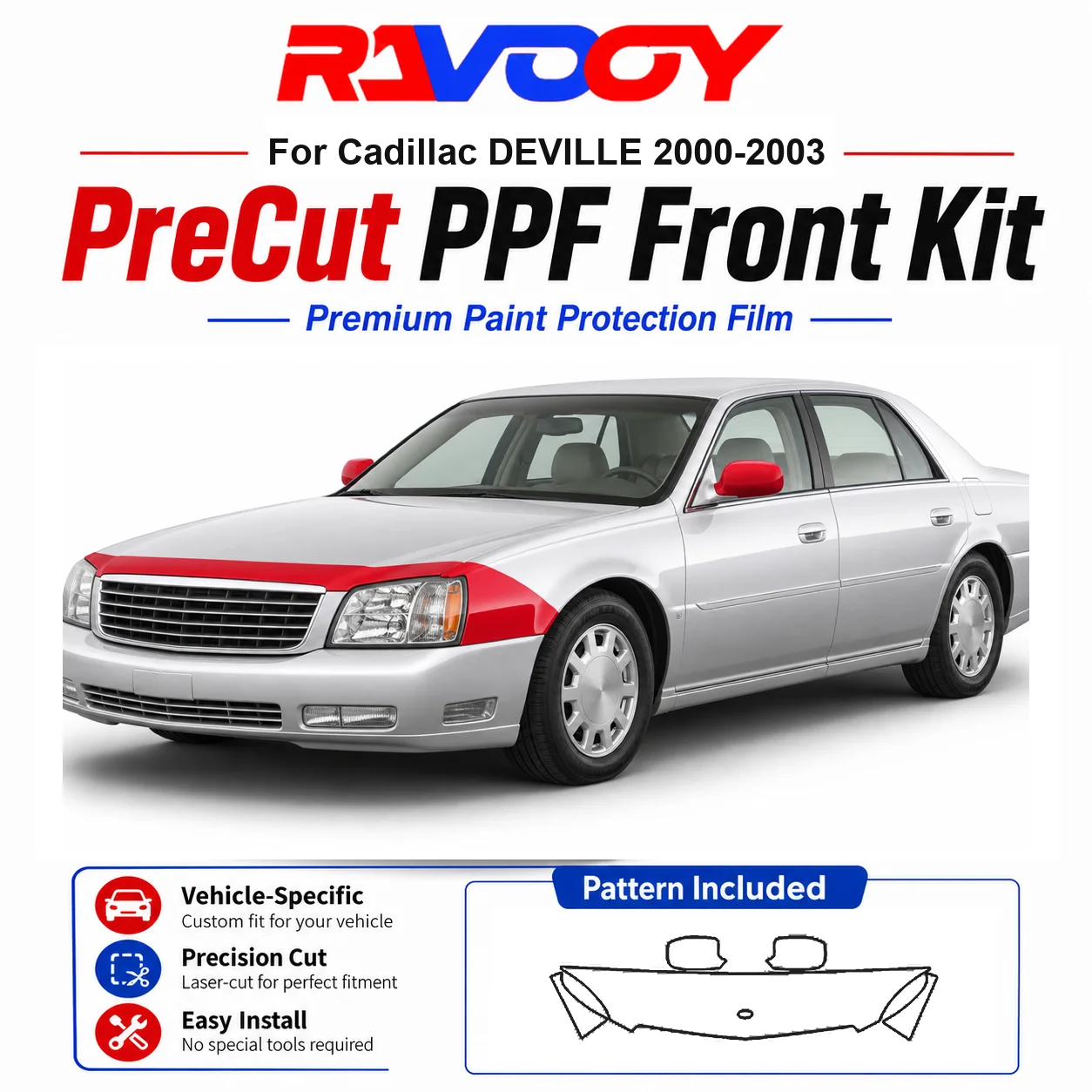 Kit de PPF precortado de TPU de 8.5mil para Cadillac DEVILLE 2000-2003 - Juego de capó, guardabarros y espejos - Película transparente autoregenerable