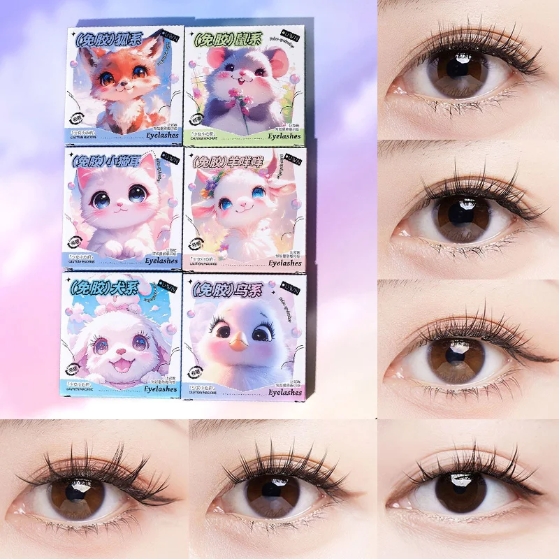 Faux cils sans colle – Série animale, boucles et volume naturels, bande fine segmentée pour une application facile, parfait pour les débutants