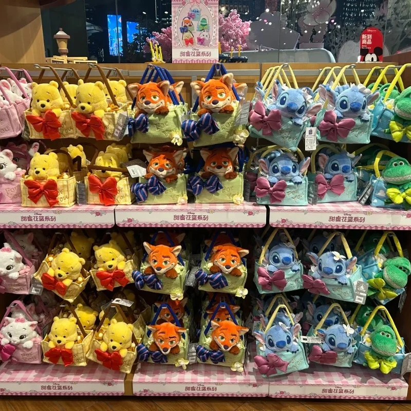 

23cm Genuine Disney Sweet Flower Basket Series Pooh Bear Stitch Movie Character Handbag Creative Products Cute Birthday Gift