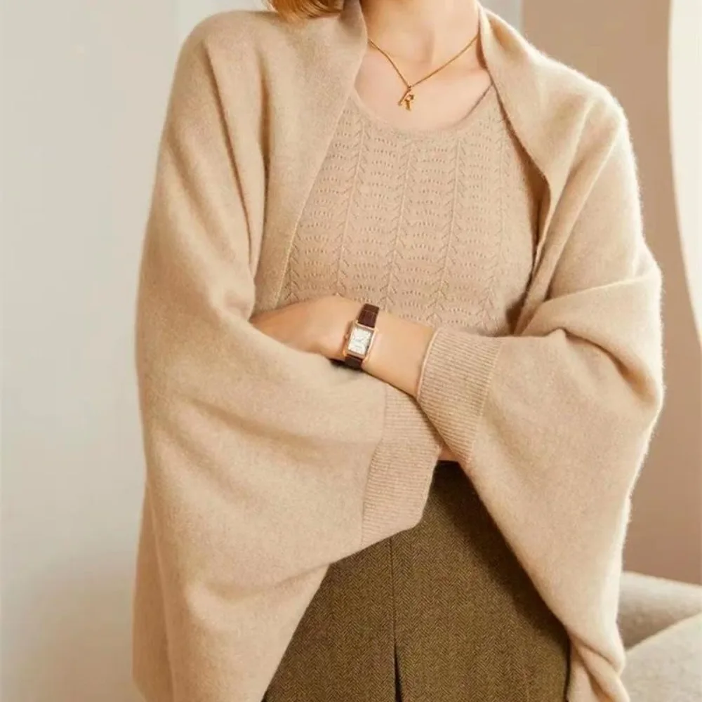 Casual Knitted Cashmere Shawl Soft Winter Warm Pashmina Scarves Batwing Sleeve Dual Use Wool Cape