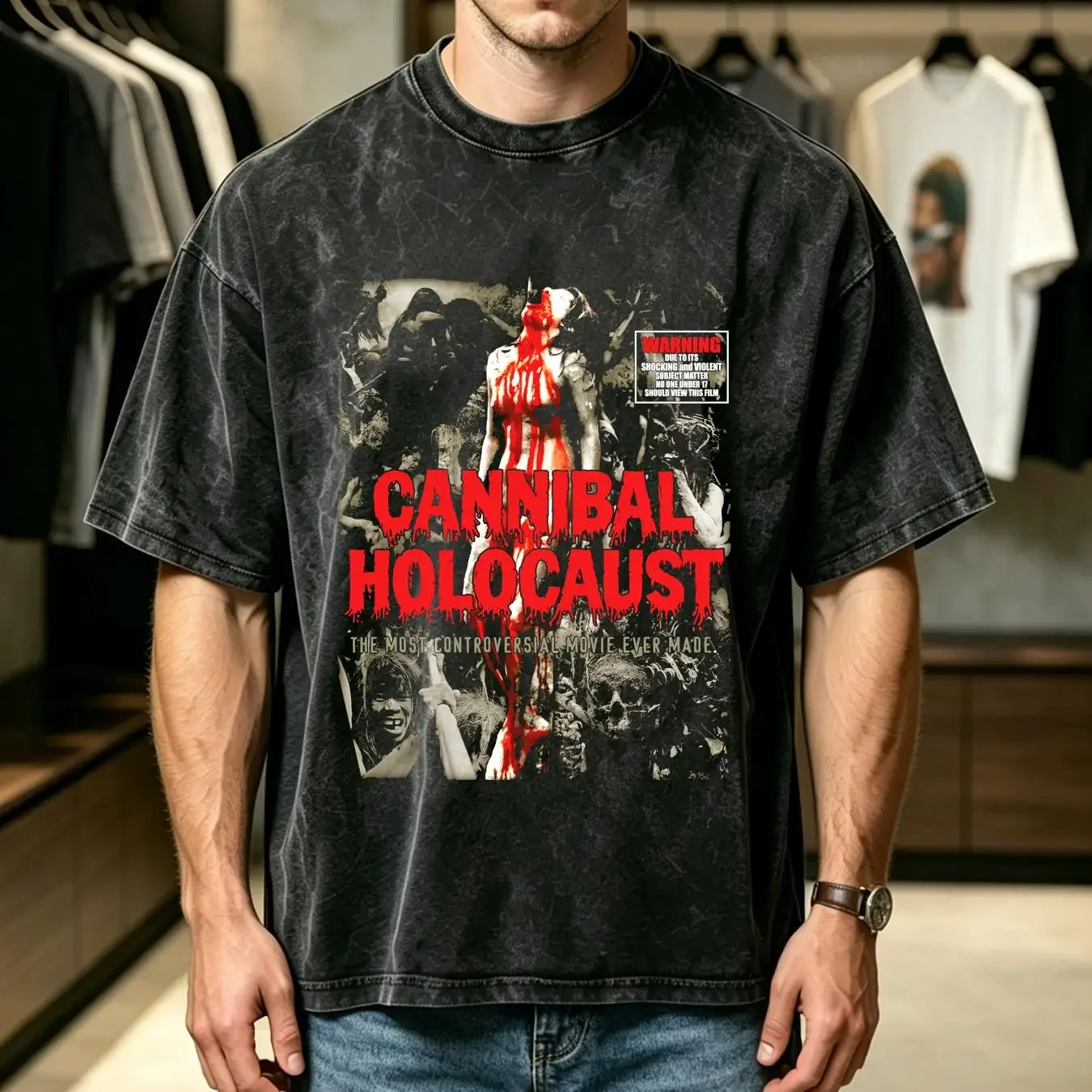 washed T Shirt Cannibal Holocaust Women on Stake TE3894 vintage Washed streetwear Casual fashion Versatile designer clothes