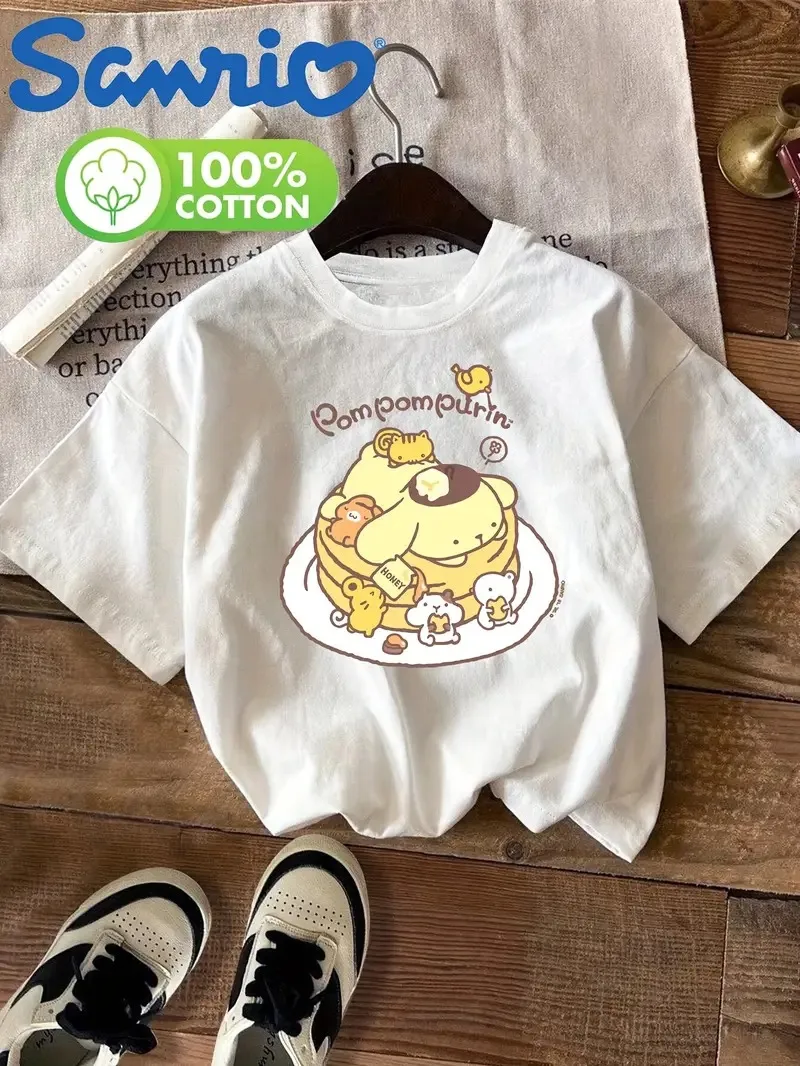 เสื้อยืดผ้าฝ้ายลายซานริโอ ปอมปอมปูรินแพนเค้กเลิฟปูรินพร้อมสัตว์ตัวเล็กพิมพ์ลายผ้าฝ้ายแท้ 100% เพื่อลุคหวานน่ารัก