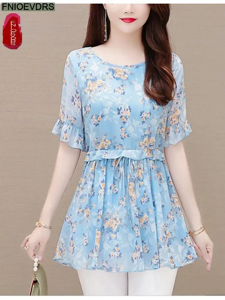 2022 Women Flower Floral Printing Long Tunic Drawstring Lace-Up Chiffon Shirt Blouses Bow Tie Retro Vintage Loose Peplum Tops