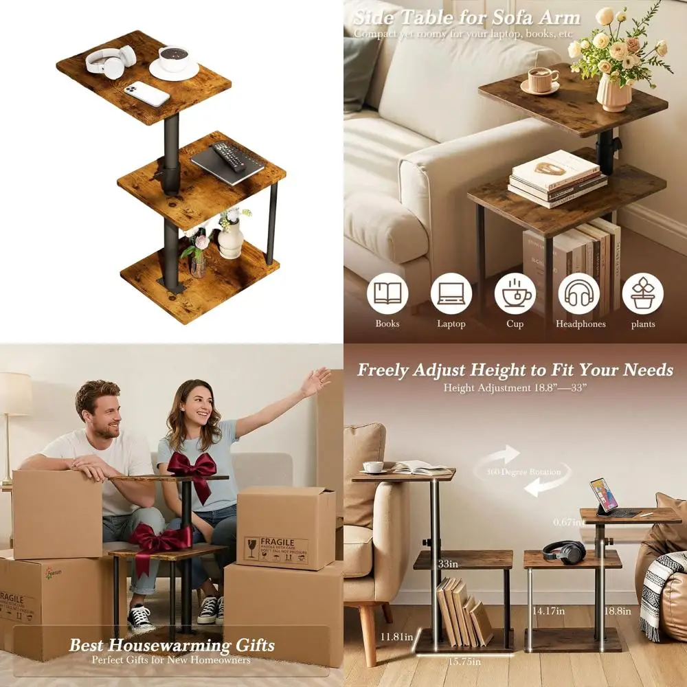 

Adjustable Height C-Shape Side Table with Storage, 3-Tier Shelf, Rustic Brown for Living & Bedroom Spaces