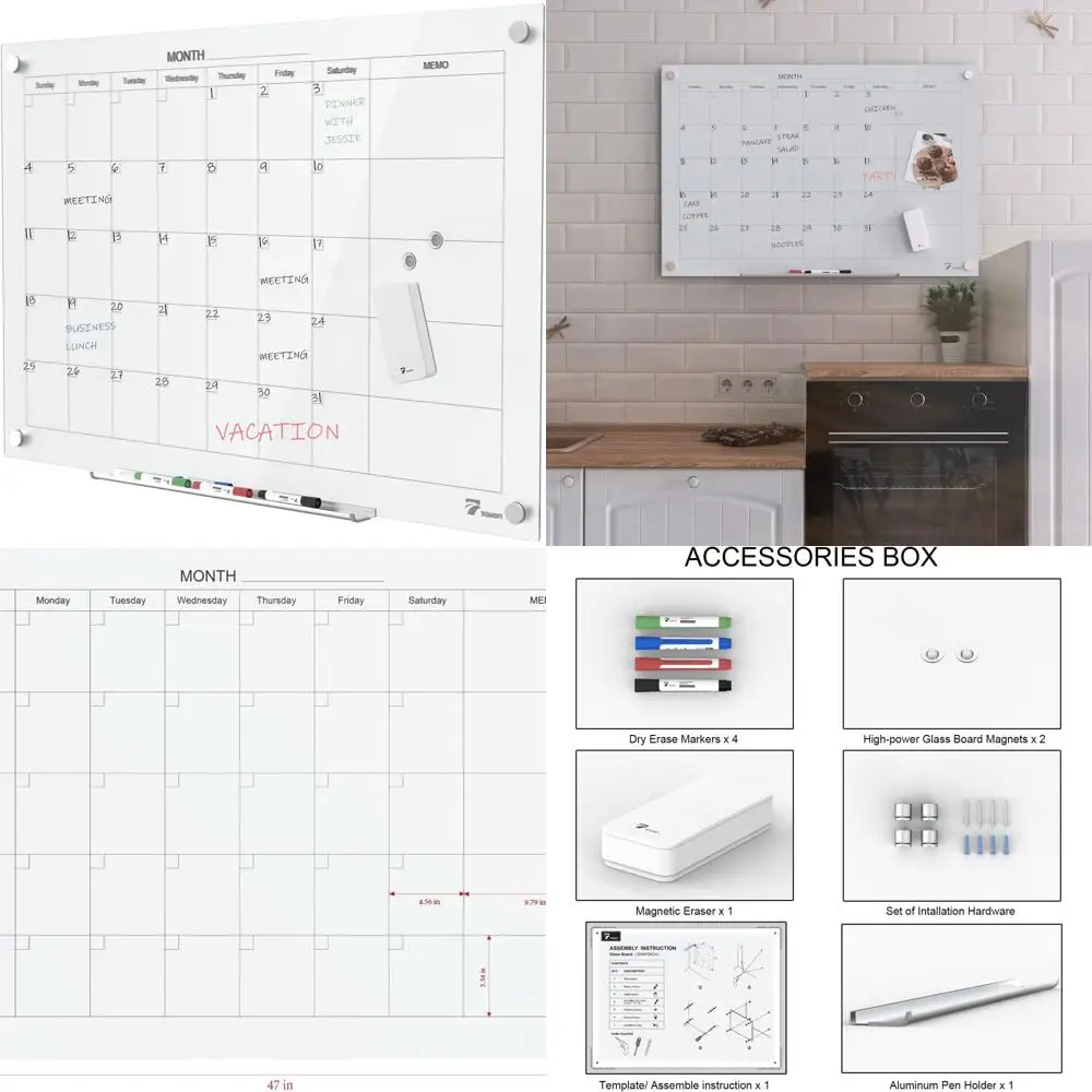 

47 x 35 дюймов белая магнитная стеклянная доска для сухого стирания с ежемесячным календарем-планировщиком