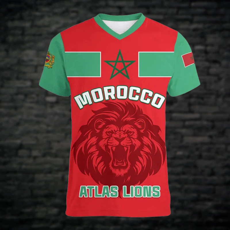 Morocco Football T-shirt For Men Clothing 3d Printed Moroccan Sports V Neck Tee Shirts GYM Tops Short Sleeve Casual Oversized