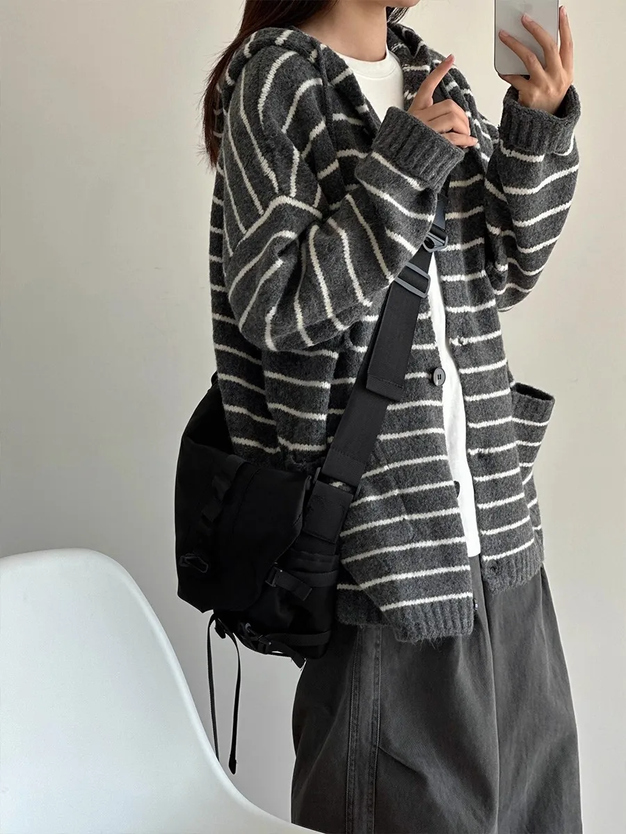 

Свободный шерстяной вязаный кардиган-свитер с капюшоном, в полоску, осенне-зимний, повседневный, в японском стиле, пальто