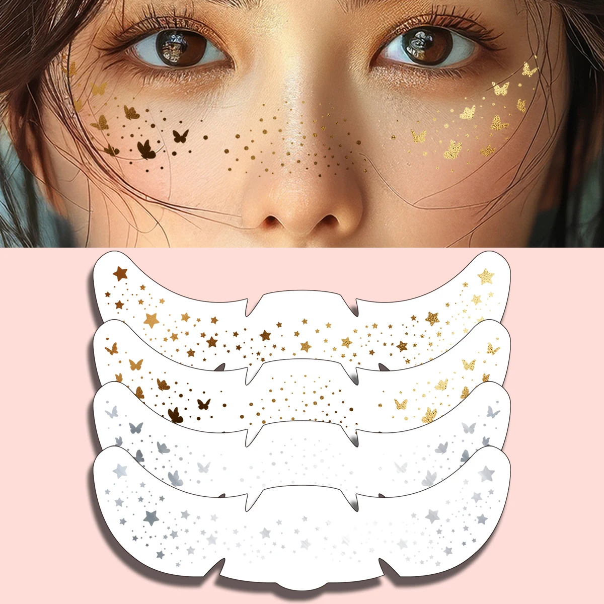 

4pcs Metallic Freckles Makeup Patches Gold Sliver Star Butterfly Freckles Temporary Tattoo Stickers for Women Face Makeup Party