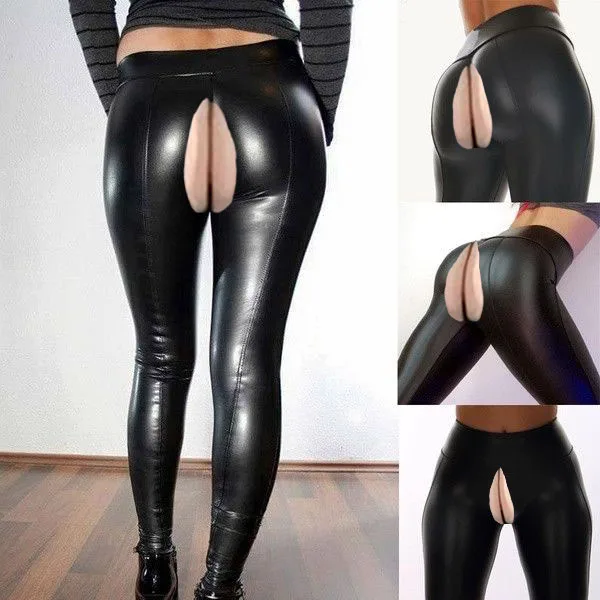 Peach Hip PU Leather Pants Lady Invisible Open-Seat Pants Women's Yoga Leggings Sports Tight Large Trousers Outdoor Pornography