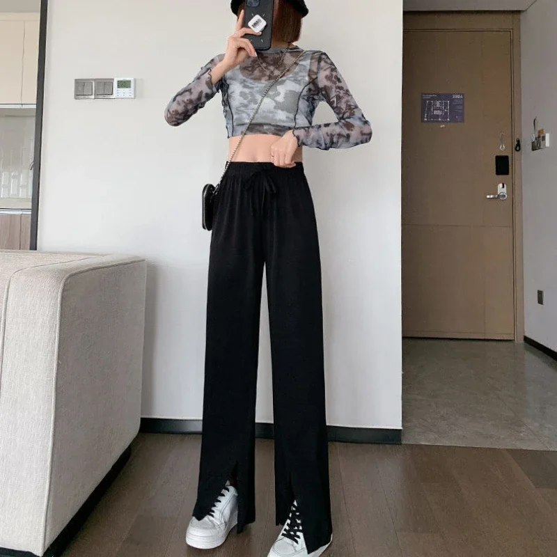 Pantaloni casual da donna All-match comodi a vita alta estivi con coulisse femminile 4 colori gamba larga semplice studente in stile coreano solido