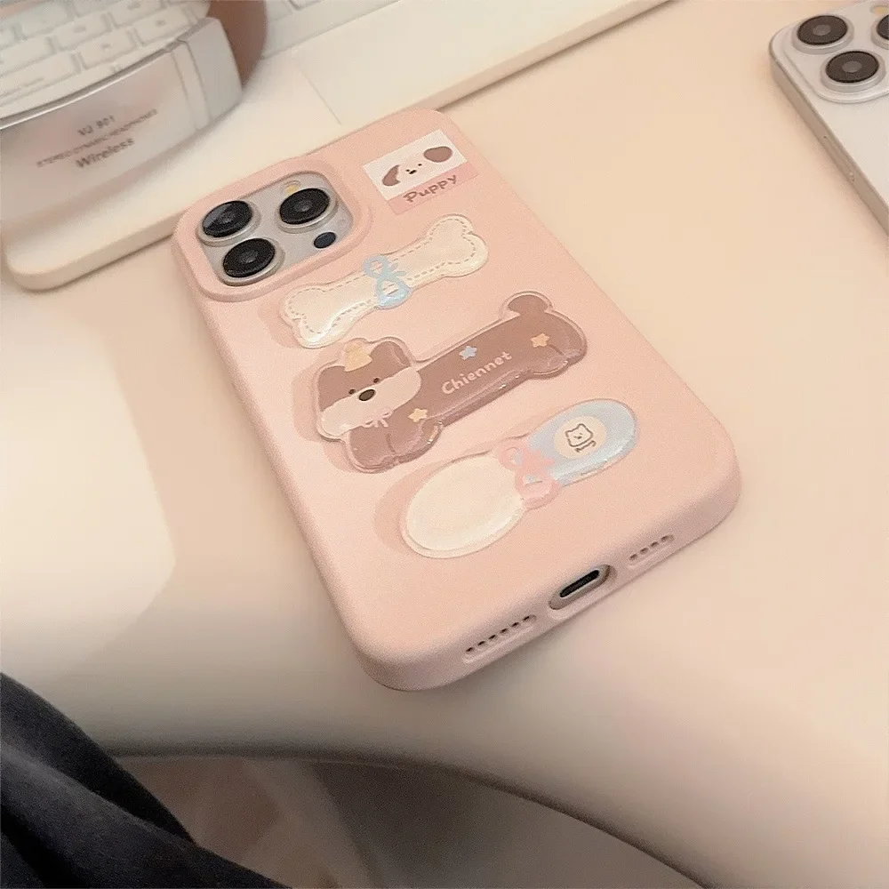 Funny puppy gift bone toy Gentle Pink Phone Case For iPhone 17 16 15 14 13 12 Pro Max Case Cute Cartoon luxury shockproof Cover