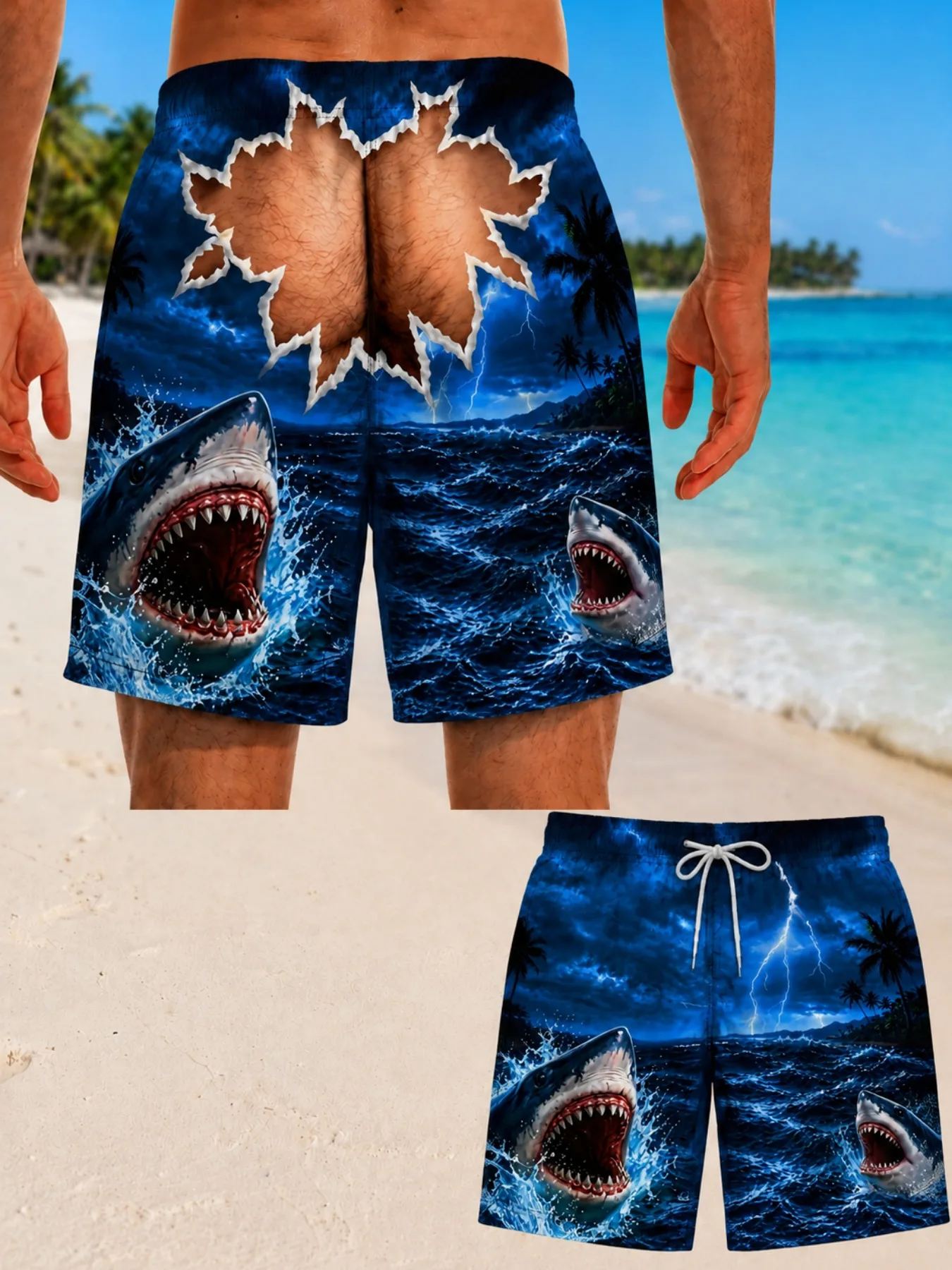 New Arrivals Y2K Novelty Humorous Butt Hole Graphic Shark Sea Wave Shorts Men Waist Tropical Holiday Beach Swimming Short Pants
