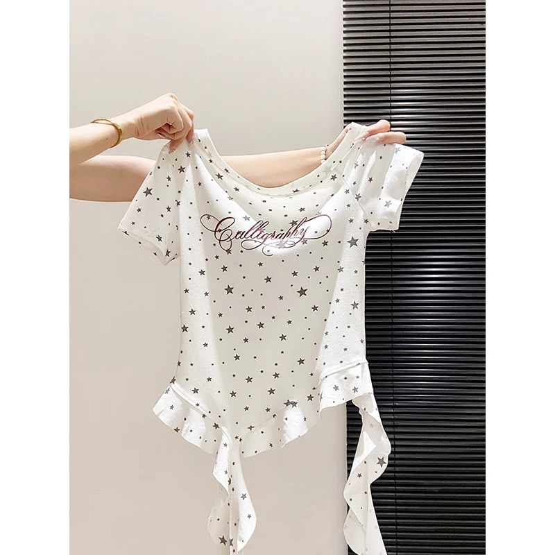 omen  Star Print T Shirt Summer 2026 New Asymmetric Hem Crop Top Sexy Off Shoulder Short Sleeve Tee Women's Clothing