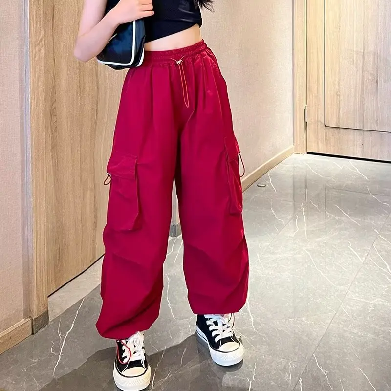 Girls Casual Cargo Pants Kids Solid Colour Sweatpants Children Vintage Streetwear Hip Hop Pants New Elastic Waist Baggy Trousers