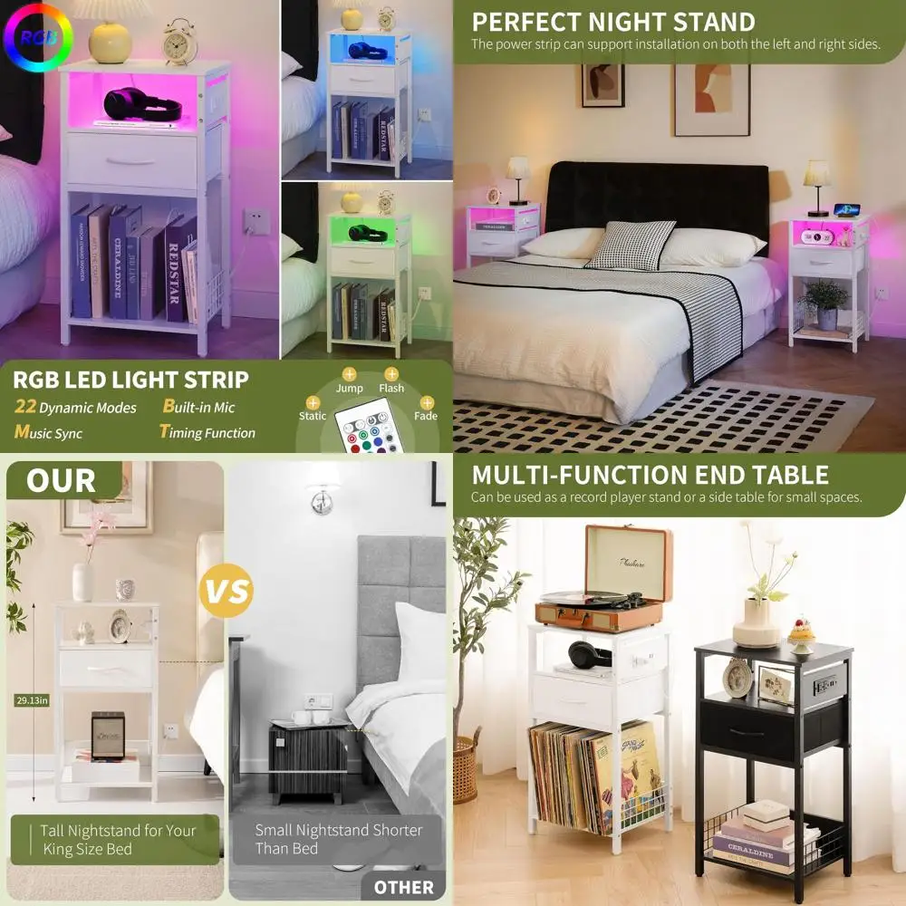 

Тумбочка с LED-подсветкой, 3 яруса, с зарядным устройством и местом для хранения, белая, для спальни и гостиной