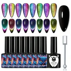 9pcs Nail Cat Eye Gel Set Rainbow Cat Effect Magnetic Gel Polish, Soak Off UV LED Gel Polish Manicure Nail Art With Magnet Stick