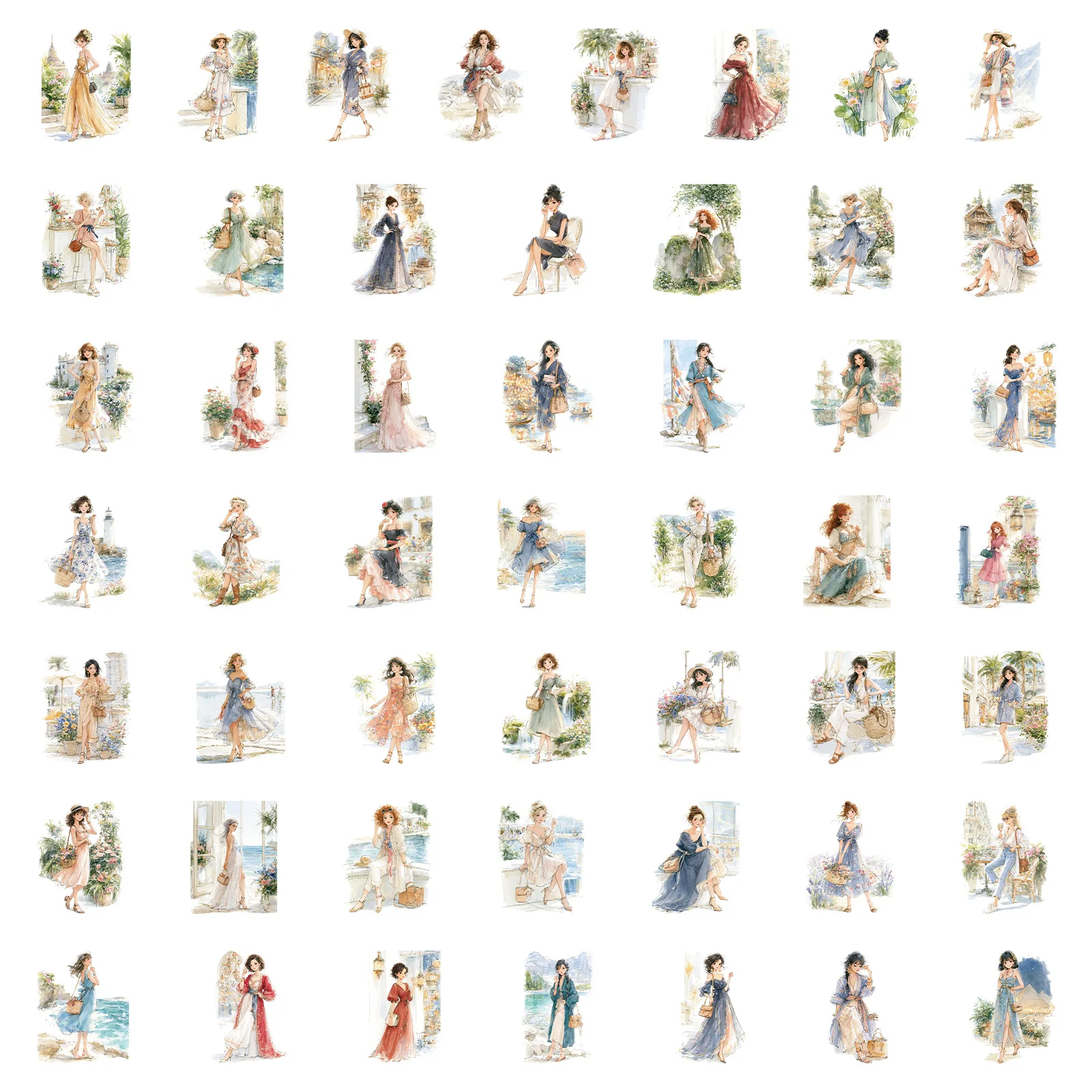 50 Pcs Transparent Holiday Time Girl PET Stickers Watercolor Figure Diy Wall Luggage Journal Stickers