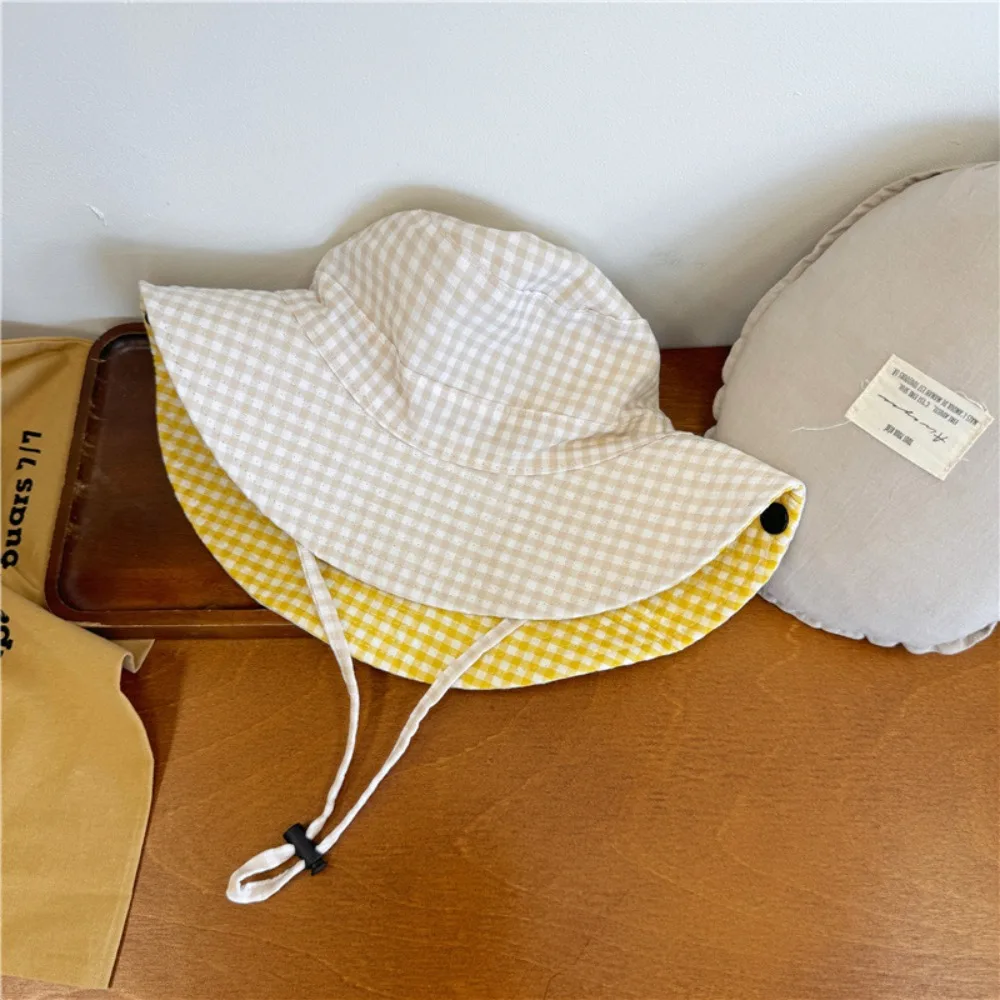 

Soft Drawstring Boys Girls Bucket Cap Double Sided Anti-UV Children Fisherman Hat Lattice Casual Baby Sun Hat Outdoor