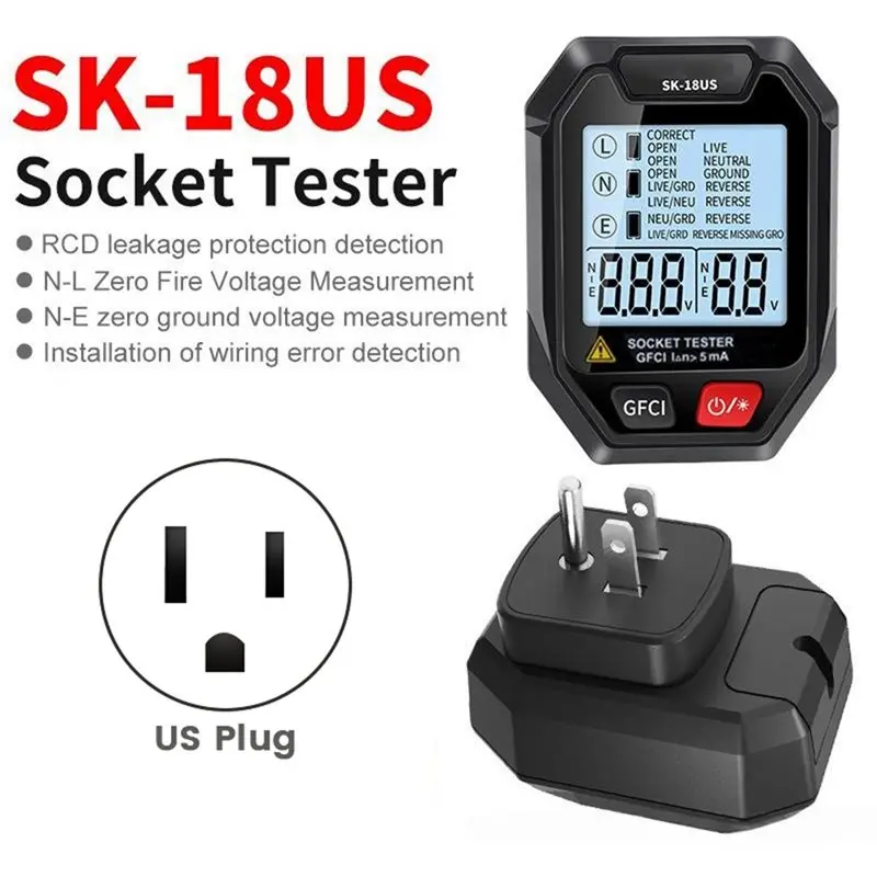 NEW HOT In Stock-Outlet Detector Battery Powered Smart Sock Detector Backlit Display US Ground Live Neutral Wire Polarity Phase