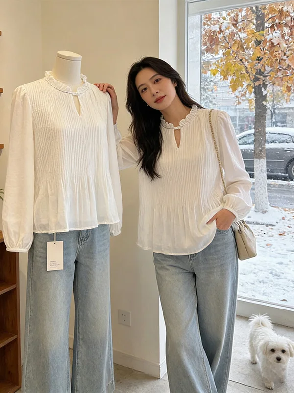 

Milk White Floral Lace Collar Chiffon Shirt Women's Spring New plus Size Slimming Anti-Aging Beautiful Holland Border Shirt