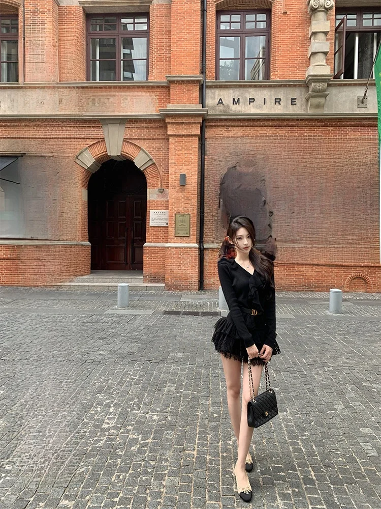 

Bla V-Ne Knitted Top Women's Slim Fit Sle Korean Faion Spring Autumn Long Sve Pure Color Commute Design