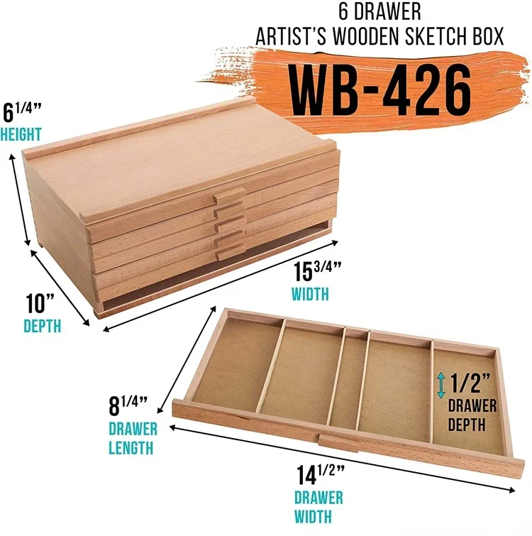 U.S. Art Supply 6 Drawer Wood Artist Supply Storage Box - Pastels, Pencils, Pens, Markers, Brushes