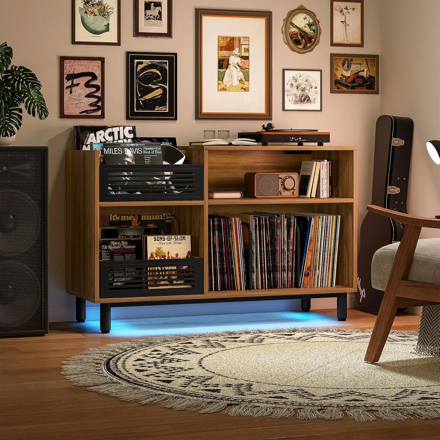 

39.4" Large Record Player Stand with LED Lights, Built-in Charging station,felixble Record Box Case Crate,3-tier large