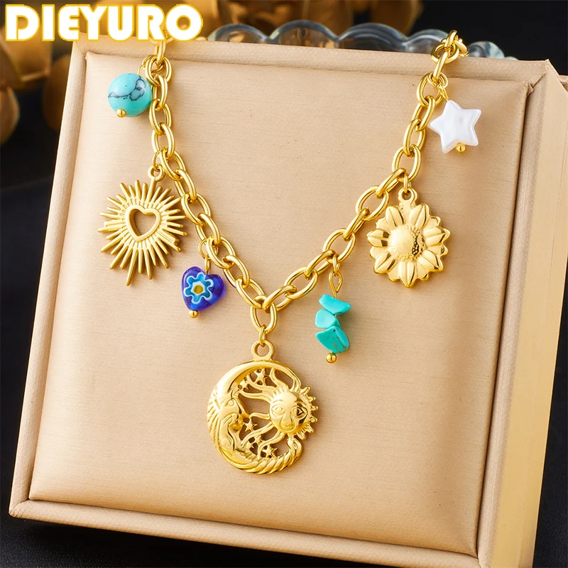 DIEYURO 316L Stainless Steel Flower Calaite Heart Sun Multiple Pendant Necklace For Women New Fashion Neck Chain Jewelry Gift