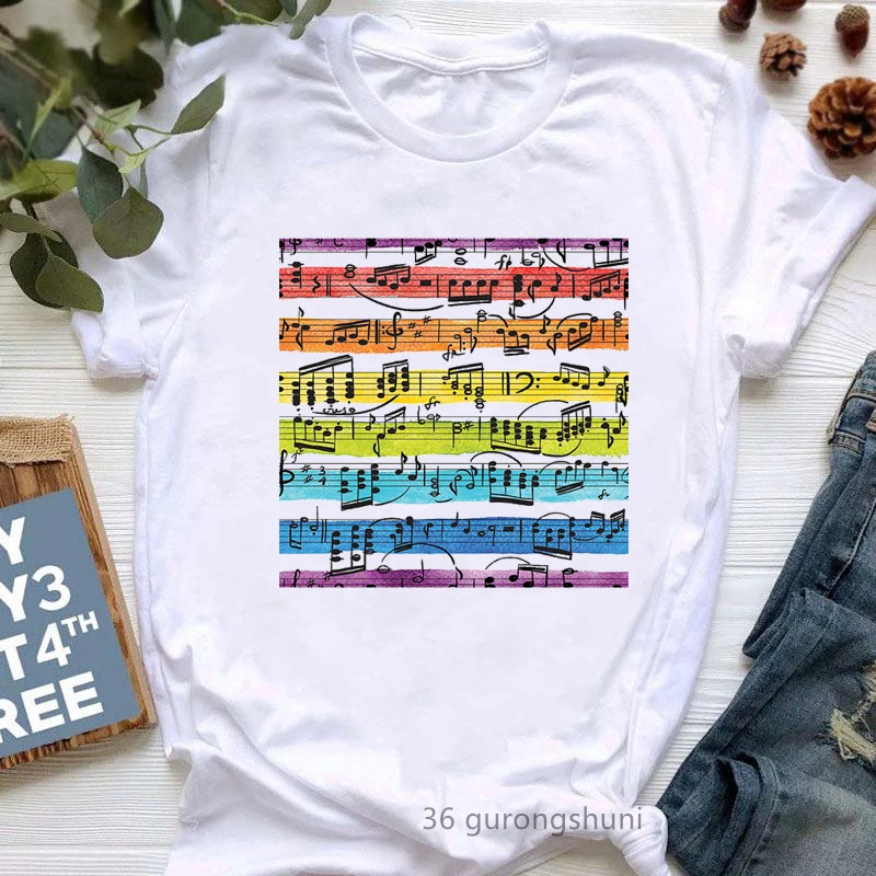 

Colorful Treble Clef With Music Notes Print Tshirts Women Hip Hop White T Shirt Femme Summer Tops Short Sleeve T-Shirt Female